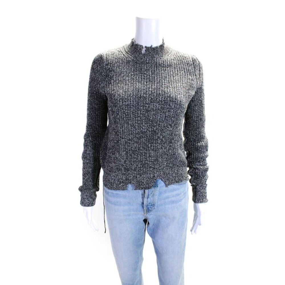 Helmut Lang Womens Cotton Knit Distressed Hem Mock Neck Sweater Black Size XS